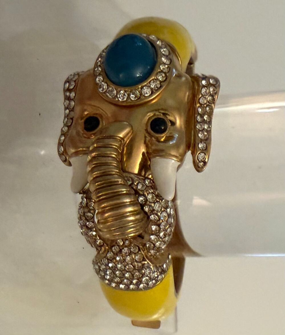 Vtg JCrew Yellow, & Turquoise Enamel w/ Rhinestones Gold Elephant Bracelet